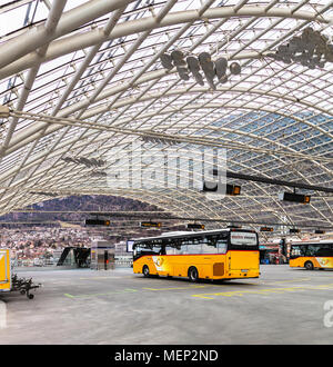 Chur, Switzerland - 3 March, 2017: Post Buses at the Chur bus station. Post Bus Switzerland (German: PostAuto Schweiz) is a subsidiary company of the  Stock Photo