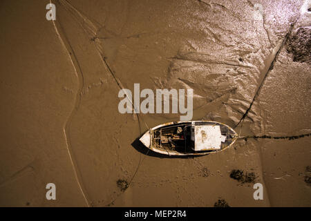 Aerial view of an Abandoned old wooden boat near the sea Stock Photo
