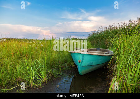 Old Green Plastic Fishing Boat At The Lake In Green Grass Stock