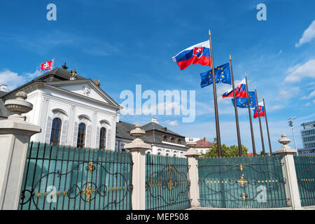 Grassalkovich Palace, Bratislava, Europe. Residence of the president of Slovakia in Bratislava. Grassalkovich Presidential Palace. Slovakian and EU fl Stock Photo