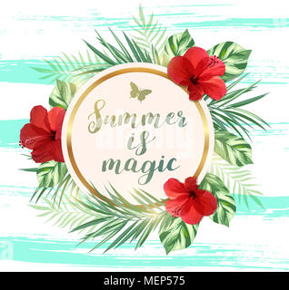 Summer background with red tropical flowers, green palm leaves, pink ...
