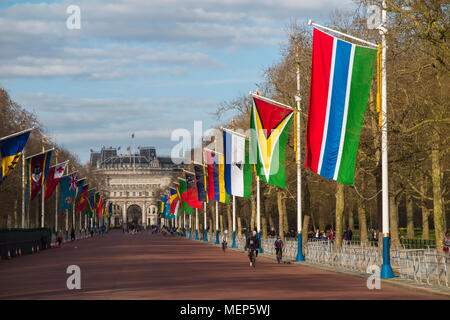 Rows of flags on The Mall looking towards Admiralty Arch in Central London Stock Photo