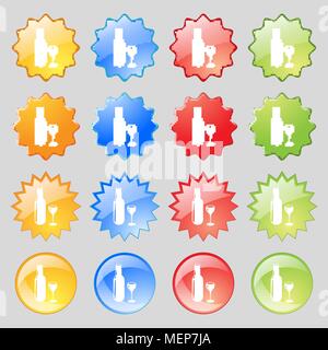 Bottle of wine and glass icon sign. Big set of 16 colorful modern buttons for your design. Vector illustration Stock Vector