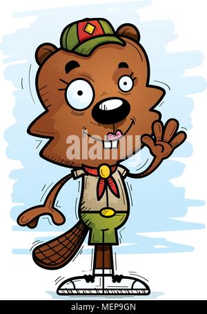 A cartoon illustration of a female beaver scout waving. Stock Vector