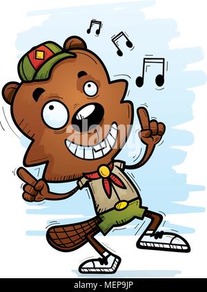 A cartoon illustration of a male beaver scout dancing. Stock Vector