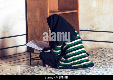 A Muslim woman with a black headscarf sits in front of the Koran in a mosque and reads a prayer from the Koran. Prayers during the Holy month of Ramad Stock Photo