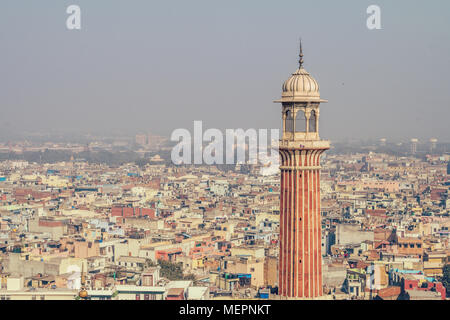 minaret of Jama Masjid, New Delhi, India. View of Old Delhi from Jama Masjid minaret on 11 Feb, 2008. An overly-built and populated capital has its af Stock Photo