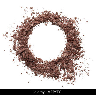 Crushed texture of brown eye shadow isolated on white background. Texture of broken golden powder on white background Stock Photo