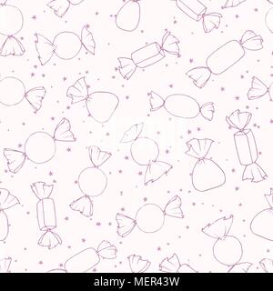 Hand drawn purple vector candies outline seamless pattern on the starry background. Cute holiday decoration  in pastel colors. Stock Vector