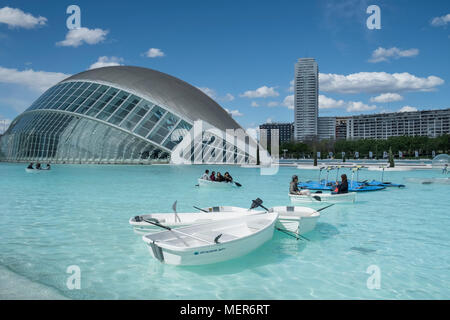 Leisure activity water pool at L'Hemisferic building, part of the City of Arts and Sciences, Valencia, Spain Stock Photo
