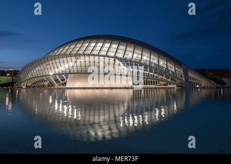 L'Hemisferic building at night, part of the modern architecture seen at City of Arts and Sciences, Valencia, Spain Stock Photo