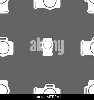 Photo camera sign icon. Digital photo camera symbol. Seamless pattern on a gray background. Vector illustration Stock Vector