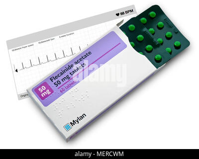 Mylan Flecainide Acetate heart tablets used for treatment of heart arrhythmias including atrial fibrillation with healthy heart ECG trace behind. Stock Photo