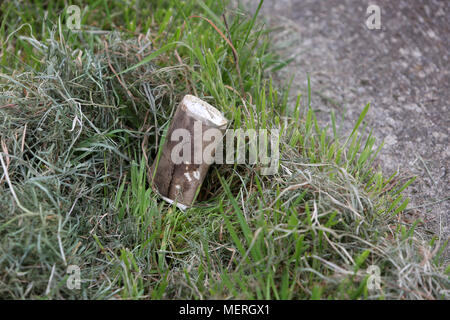 An old single use coffee cup pictured in the grass by the side of a road in Chichester, West Sussex, UK. Stock Photo