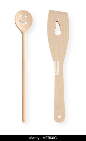 Wooden funny spoon and spatula isolated on white background. Path included. Stock Photo