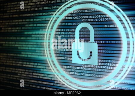 padlock icon on LED computer display screen with binary code moving in the background. password and data privacy protection in internet data transfer Stock Photo