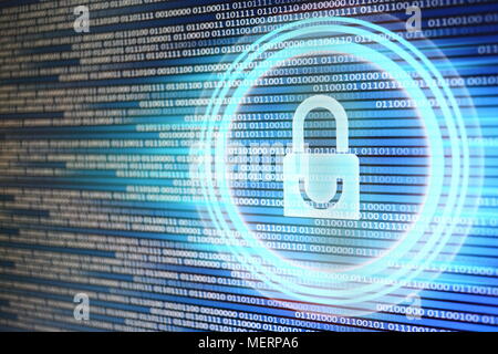 padlock icon on LED computer display screen with binary code moving in the background. password and data privacy protection in internet data transfer Stock Photo