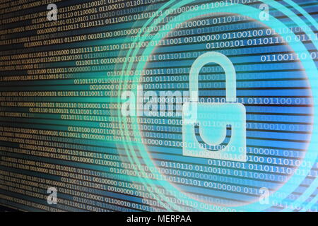 padlock icon on LED computer display screen with binary code moving in the background. password and data privacy protection in internet data transfer Stock Photo