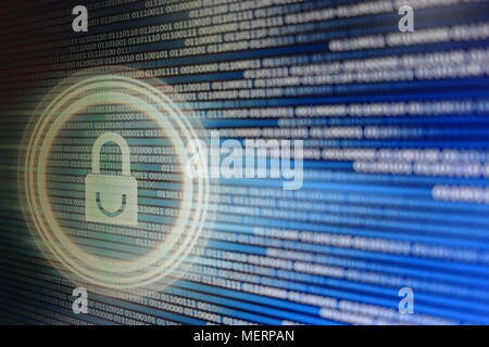 padlock icon on LED computer display screen with binary code moving in the background. password and data privacy protection in internet data transfer Stock Photo