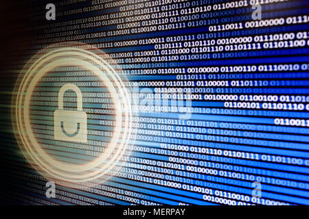 padlock icon on LED computer display screen with binary code moving in the background. password and data privacy protection in internet data transfer Stock Photo