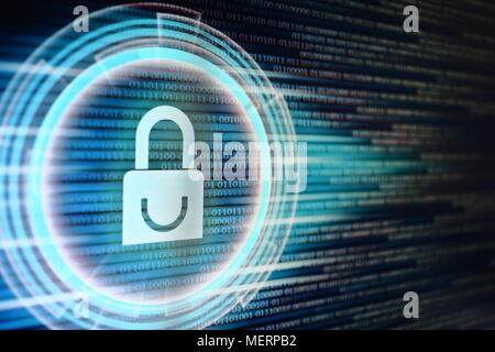 padlock icon on LED computer display screen with binary code moving in the background. password and data privacy protection in internet data transfer Stock Photo