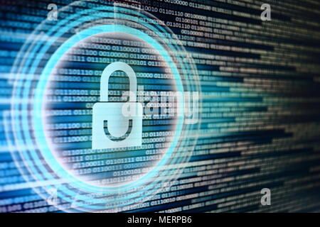 padlock icon on LED computer display screen with binary code moving in the background. password and data privacy protection in internet data transfer Stock Photo