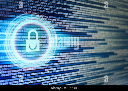 padlock icon on LED computer display screen with binary code moving in the background. password and data privacy protection in internet data transfer Stock Photo
