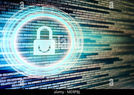 padlock icon on LED computer display screen with binary code moving in the background. password and data privacy protection in internet data transfer Stock Photo