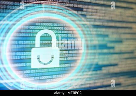 padlock icon on LED computer display screen with binary code moving in the background. password and data privacy protection in internet data transfer Stock Photo
