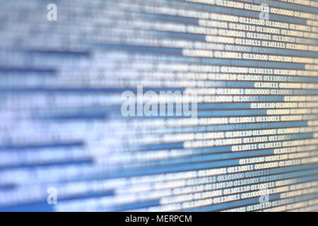 Abstract Technology data stream concepts. moving white blue binary code on black display screen. Stock Photo