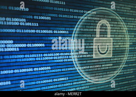 Data privacy information security in social cyber age. Blue Padlock icon, circle light energy surrounding, on blue green binary code bit flowing movem Stock Photo