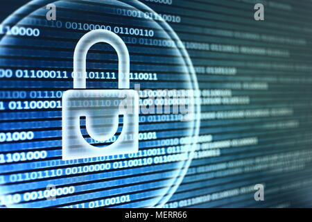 Data privacy information security in social cyber age. Blue Padlock icon, circle light energy surrounding, on blue green binary code bit flowing movem Stock Photo