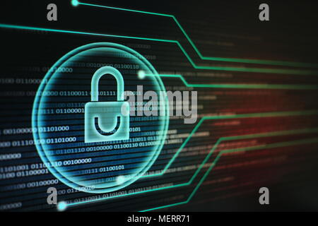 White graphic symbol of a padlock on binary computer display - computer data protection. Internet Business password Cyber security system concept Stock Photo