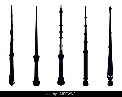 Magic wands set. Wizard tool. Wooden stick collection. Black contour isolated on white background. Vector illustration Stock Vector