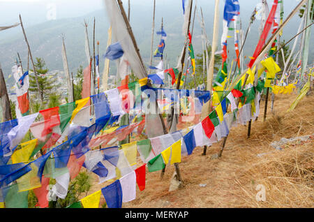 Prayer Flags above city, Thimphu, Bhutan Stock Photo