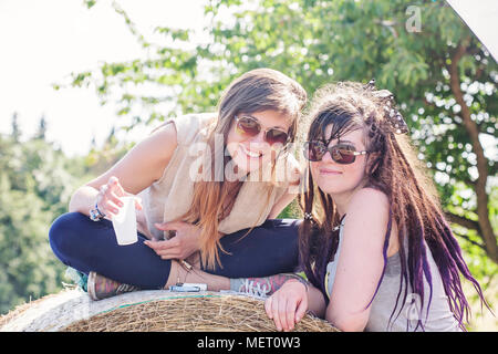 Young Female Participants of popular Music Festival Funny Moon in Czech Republic, Europe, July 15, 2017 Stock Photo