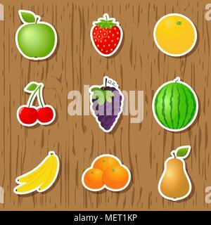 Set of fruit stickers on wood background Stock Vector