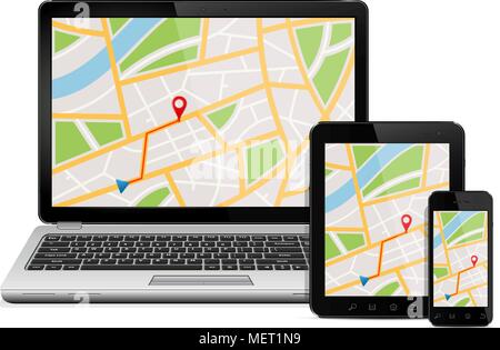 Navigation Concept. Digital devices with gps navigation map Stock Vector