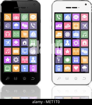 Black and white smartphones with apps icons Stock Vector
