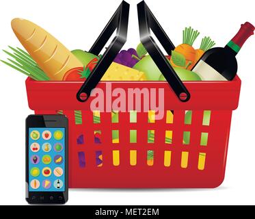 Food ordered online with use of smartphone. Online shopping concept. Stock Vector