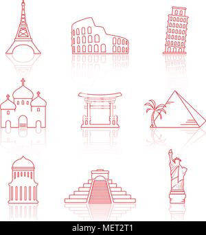 World landmarks line icons with reflection Stock Vector