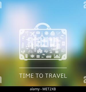 Time to travel - suitcase with travel signs on blurred landscape background Stock Vector
