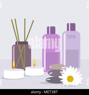 Aroma therapy set. A collection of home fragrances aroma candle, sticks and oil flat editable vector illustration, clip art Stock Vector