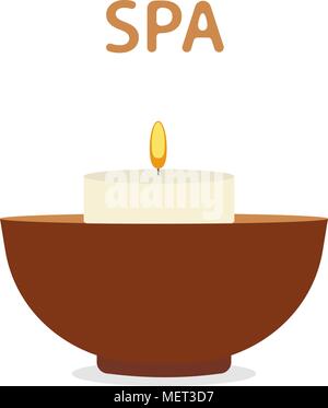 Scented candle, spa, aromatherapy vector icon, flat cartoon illustration design. Candle in bowl. Relaxation icon Stock Vector