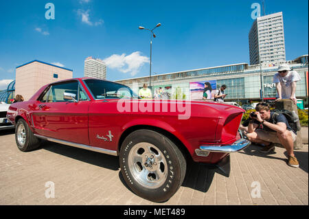 A national meet of motorcar lovers in the very center of Warsaw, Poland. The Parade Square, Plac Defilad, Warszawa. Stock Photo