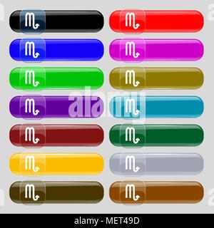 Scorpio icon sign. Set from fourteen multi-colored glass buttons with place for text. Vector illustration Stock Vector