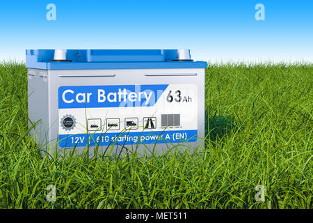 Car Battery on the green grass against blue sky, 3d rendering Stock Photo