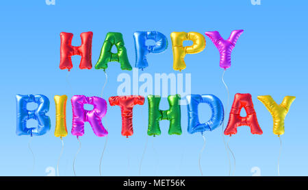 Happy Birthday inscription from multicolored balloons on the blue sky. Happy Birthday concept. 3D rendering Stock Photo