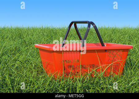 Shopping basket on the green grass against blue sky, 3D rendering Stock Photo