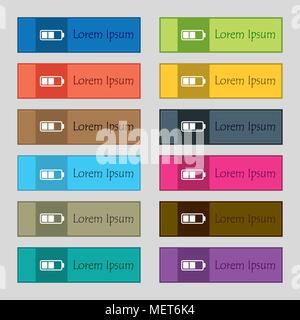 Battery half icon sign. Set of twelve rectangular, colorful, beautiful, high-quality buttons for the site. Vector illustration Stock Vector